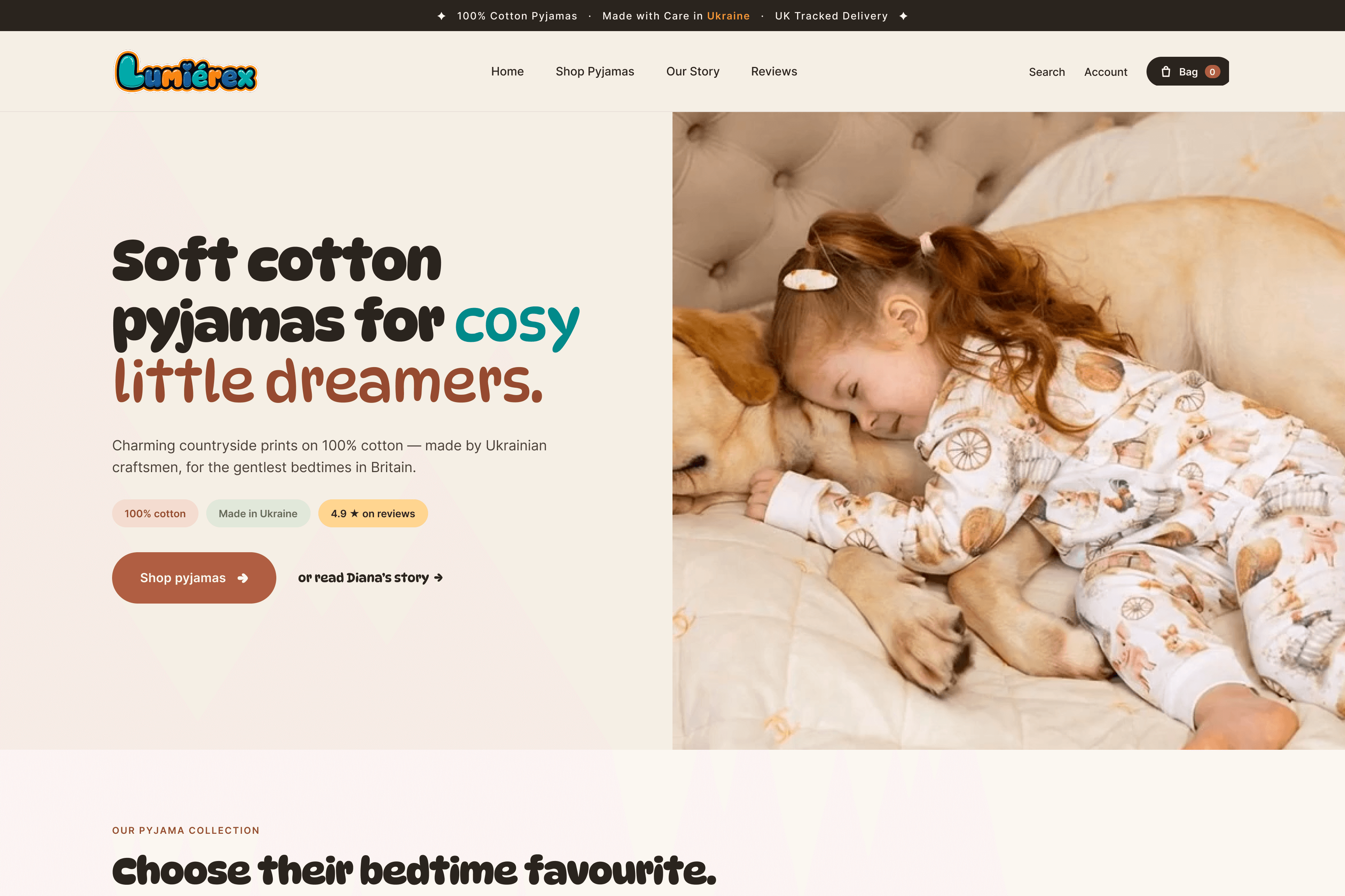 Rebuilt LUMIÉREX Shopify homepage: soft cotton pyjamas for cosy little dreamers